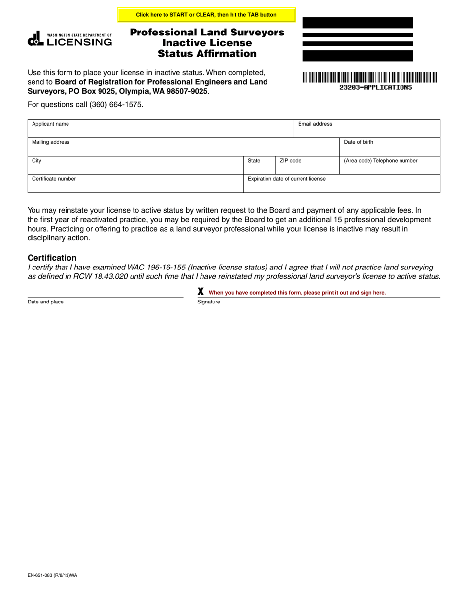 Form EN-651-083 Professional Land Surveyors Inactive License Status Affirmation - Washington, Page 1