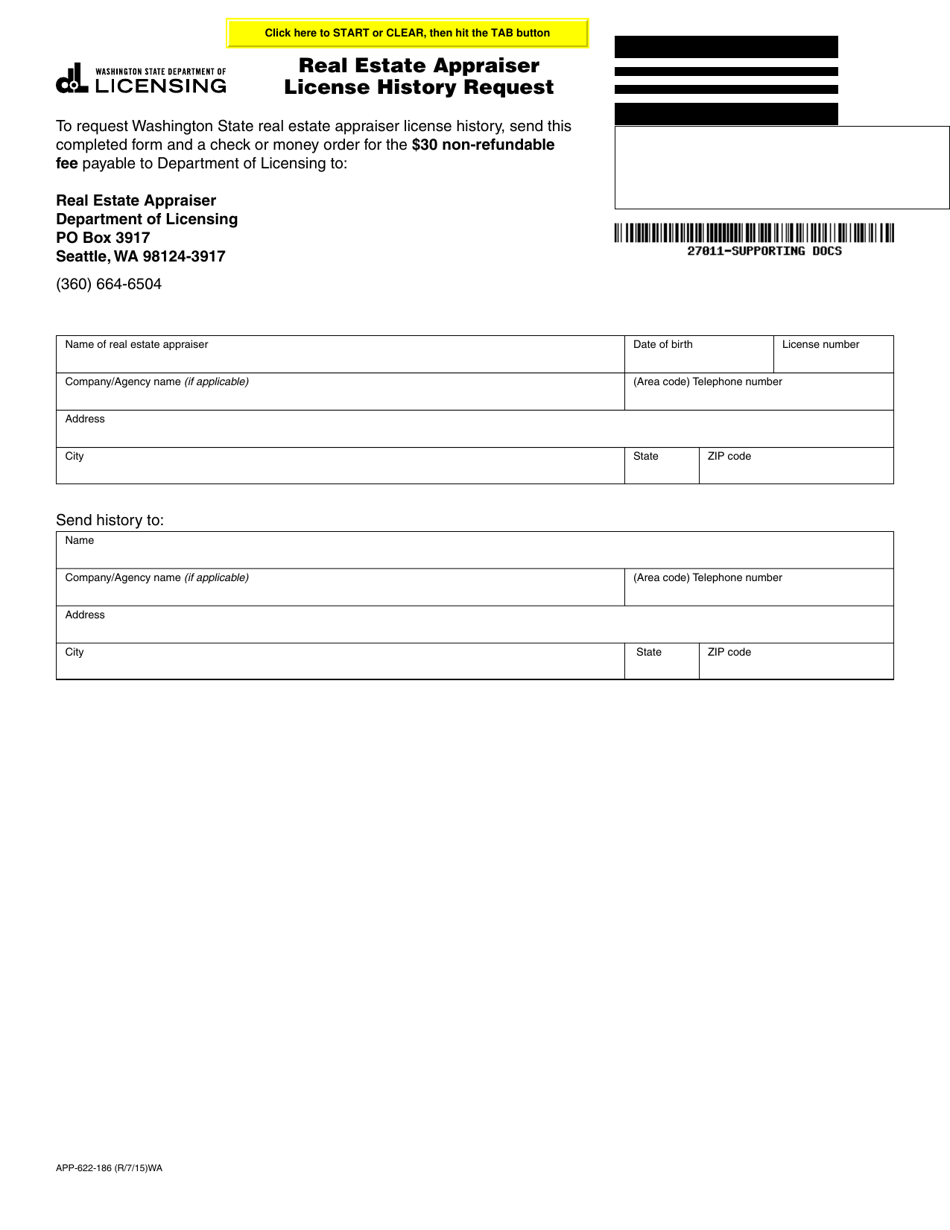 Form APP-622-186 Real Estate Appraiser License History Request - Washington, Page 1