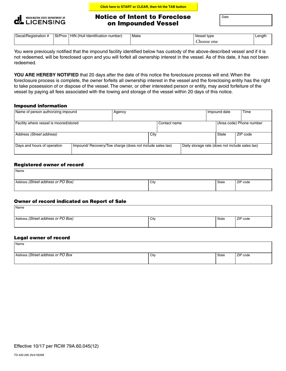 Form TD-420-292 Notice of Intent to Foreclose on Impounded Vessel - Washington, Page 1