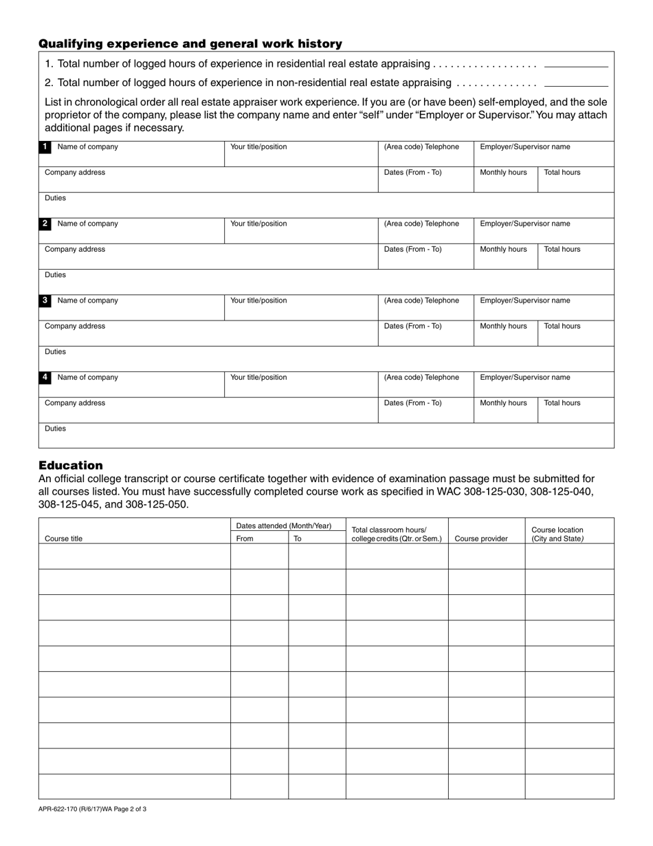 Form APR-622-170 Real Estate Appraiser License / Certification Application - Washington, Page 2