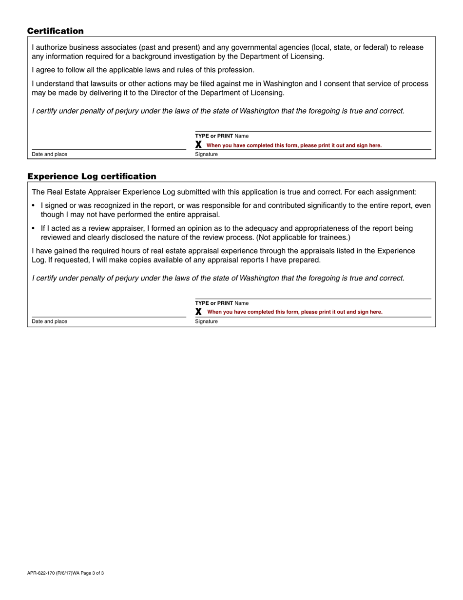 Form APR-622-170 Real Estate Appraiser License / Certification Application - Washington, Page 3