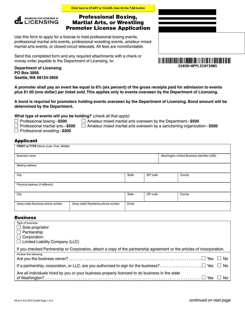 Form PA-611-012 Professional Boxing, Martial Arts, or Wrestling Promoter License Application - Washington, Page 1