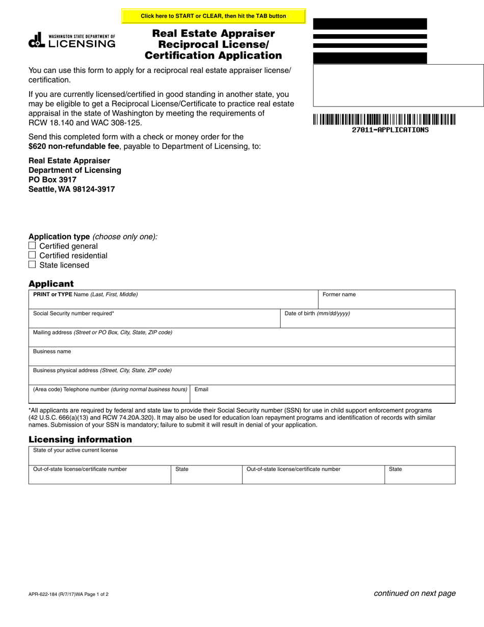 Form APR-622-184 Real Estate Appraiser Reciprocal License / Certification Application - Washington, Page 1