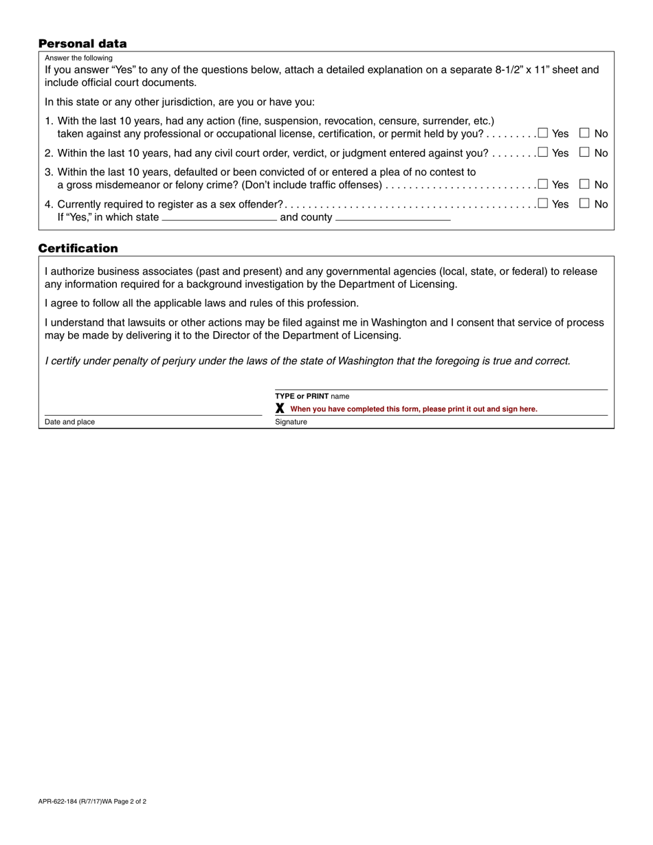 Form APR-622-184 Real Estate Appraiser Reciprocal License / Certification Application - Washington, Page 2