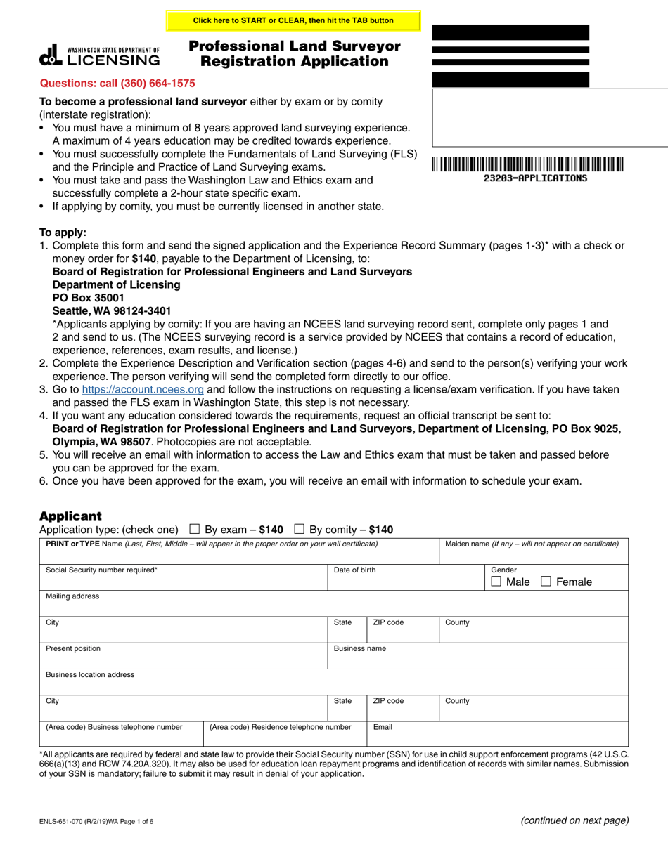 Form ENLS-651-070 Professional Land Surveyor Registration Application - Washington, Page 1