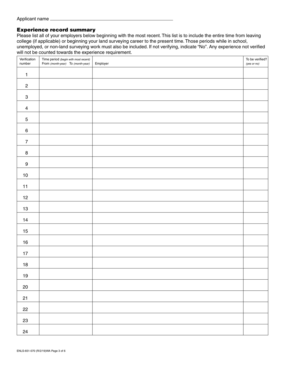 Form ENLS-651-070 Professional Land Surveyor Registration Application - Washington, Page 3