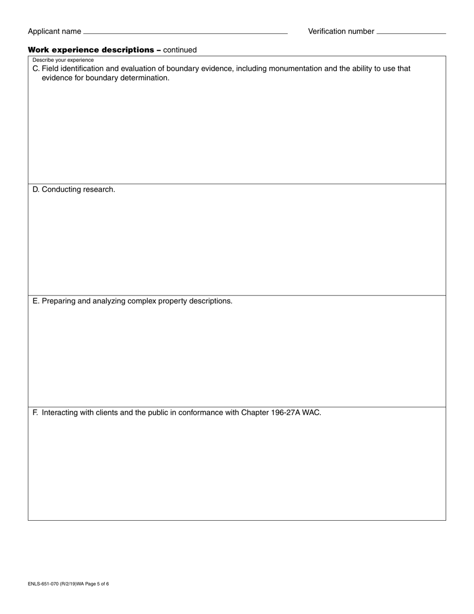 Form ENLS-651-070 Professional Land Surveyor Registration Application - Washington, Page 5