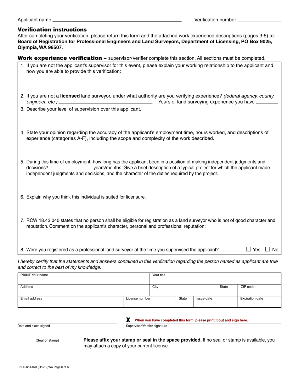 Form ENLS-651-070 Professional Land Surveyor Registration Application - Washington, Page 6