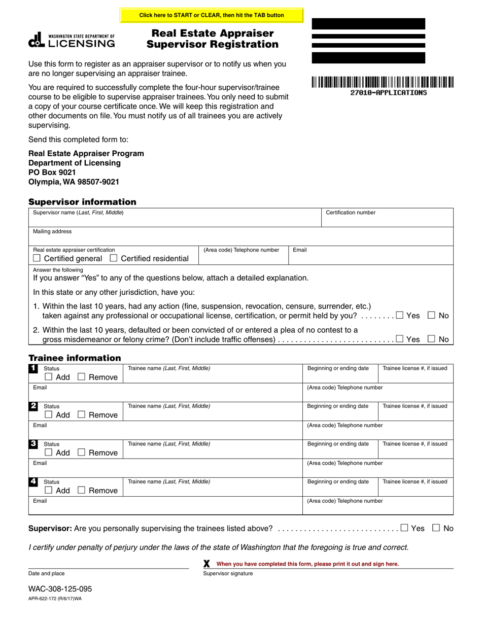 Form APR-622-172 Real Estate Appraiser Supervisor Registration - Washington, Page 1