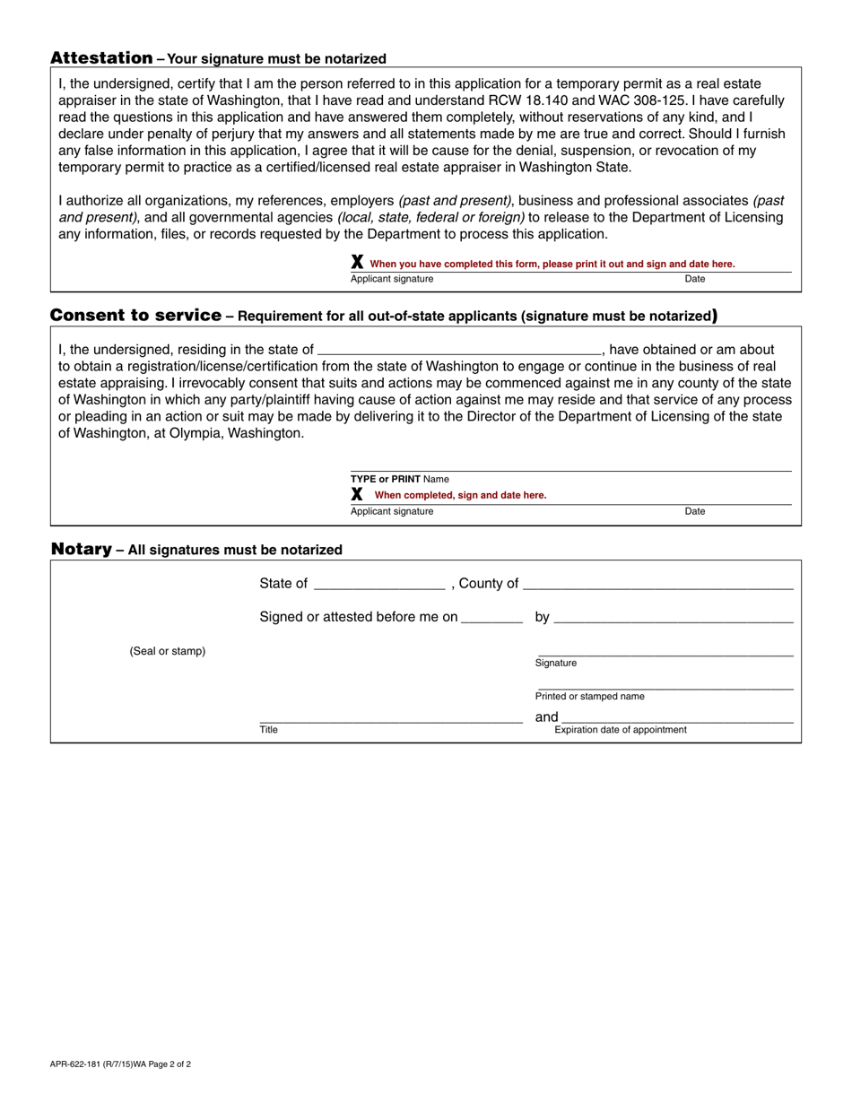 Form APR-622-181 Real Estate Appraiser Temporary Practice Application - Washington, Page 2
