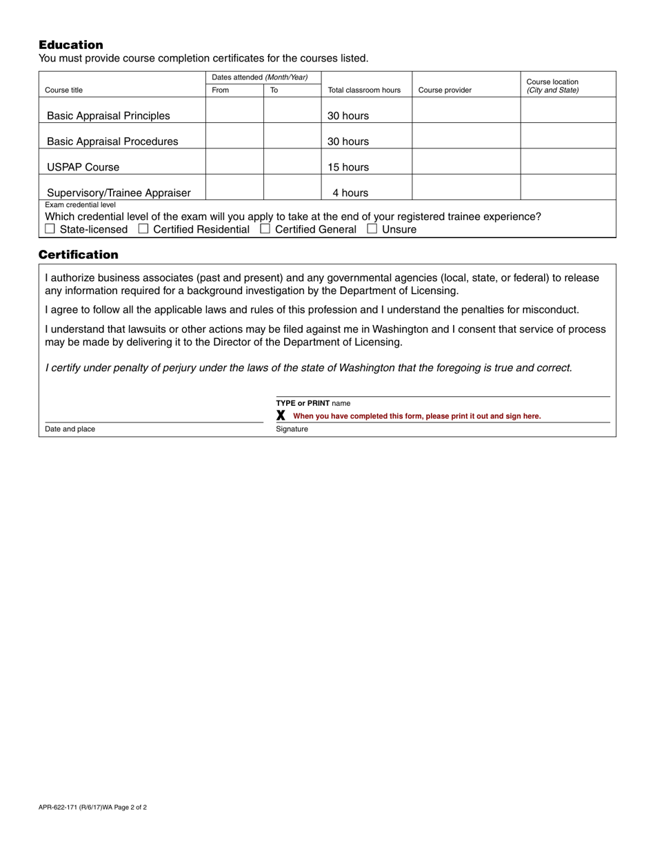 Form APR-622-171 Real Estate Appraiser Trainee Registration Application - Washington, Page 2