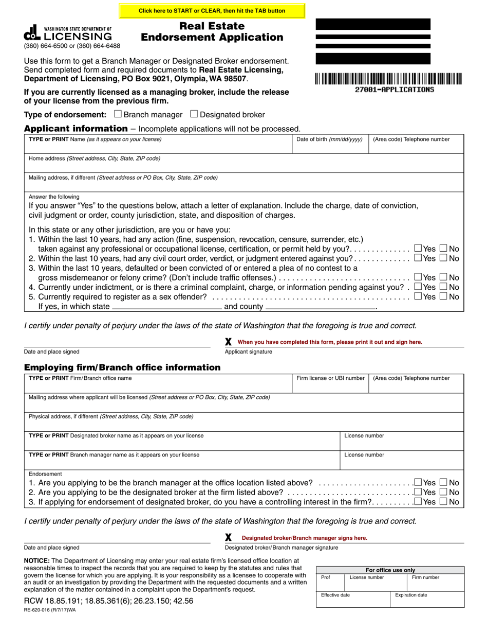 Form RE-620-016 Real Estate Endorsement Application - Washington, Page 1