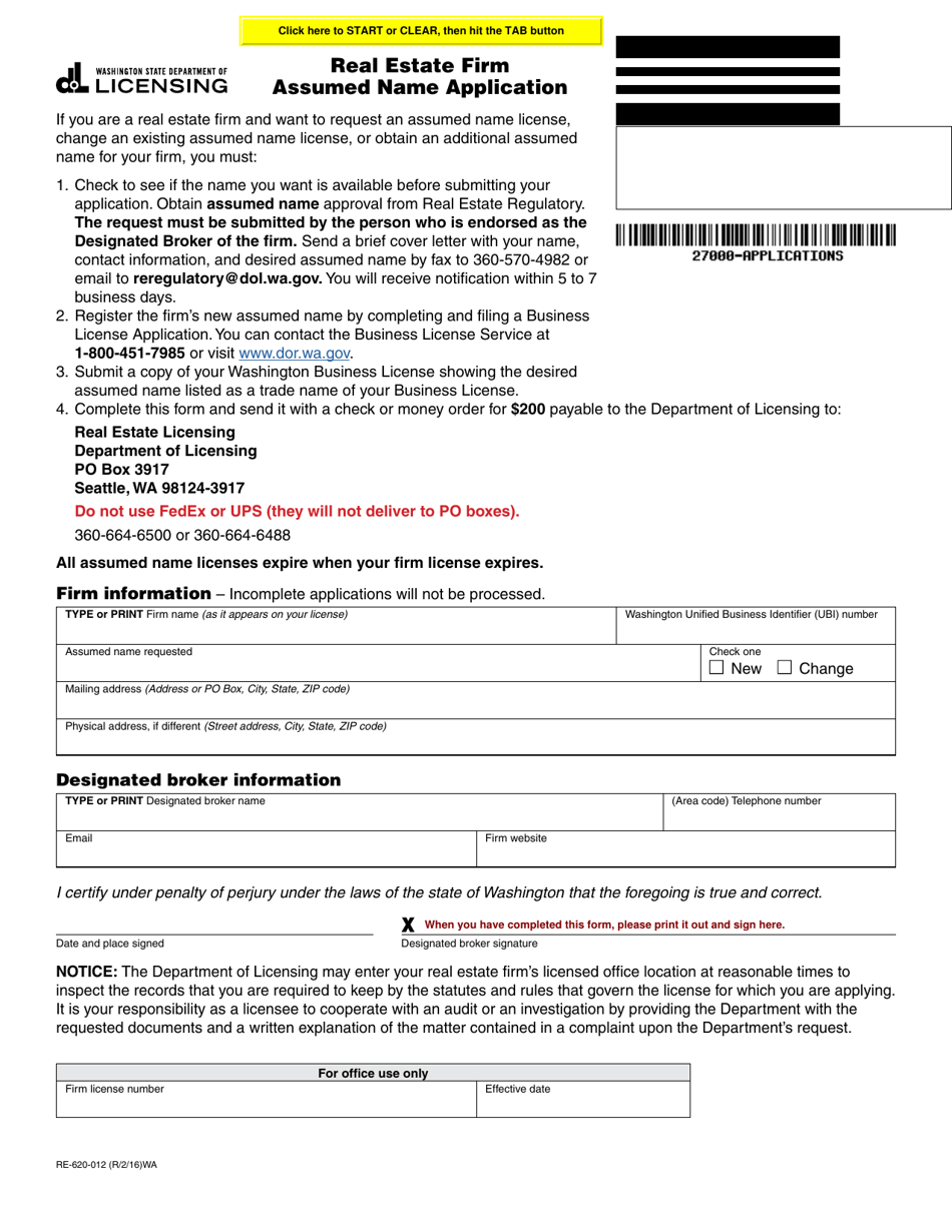 Form RE-620-012 Real Estate Firm Assumed Name Application - Washington, Page 1