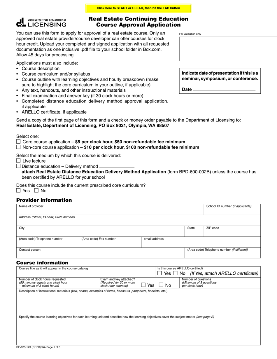 Form RE-623-123 Real Estate Continuing Education Course Approval Application - Washington, Page 1