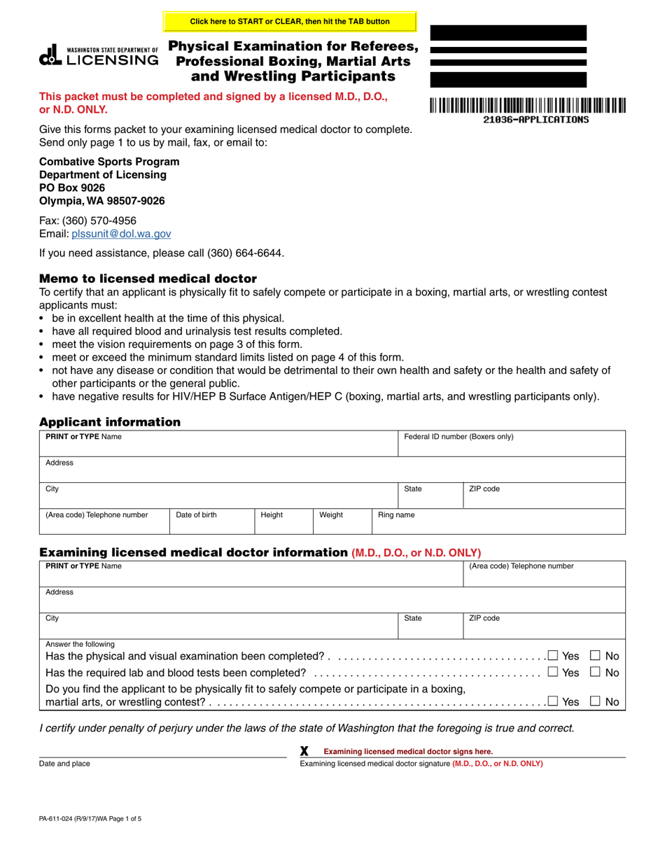 Form PA-611-024 Physical Examination for Referees, Professional Boxing, Martial Arts and Wrestling Participants - Washington, Page 1
