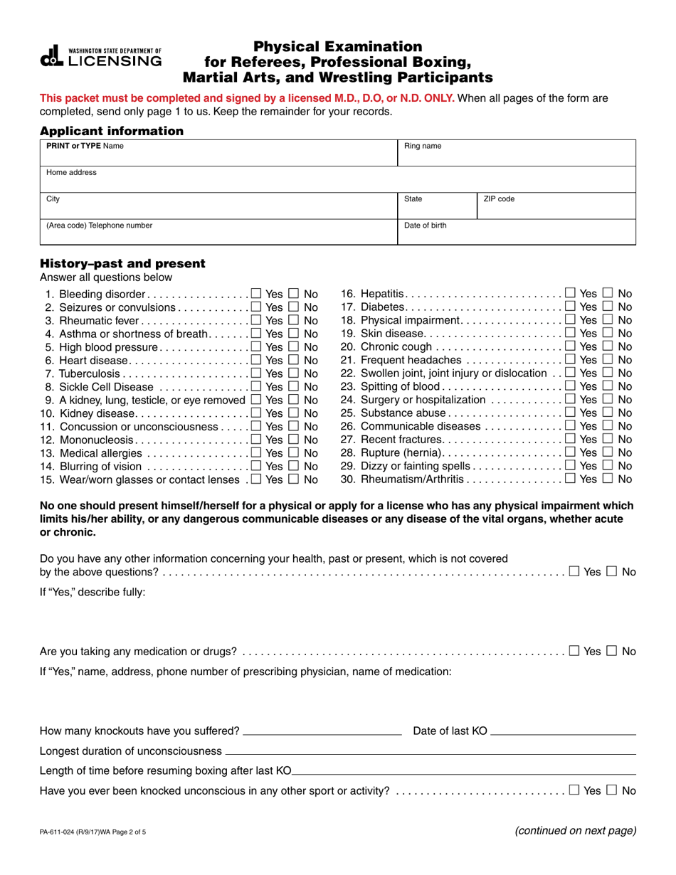 Form PA-611-024 Physical Examination for Referees, Professional Boxing, Martial Arts and Wrestling Participants - Washington, Page 2
