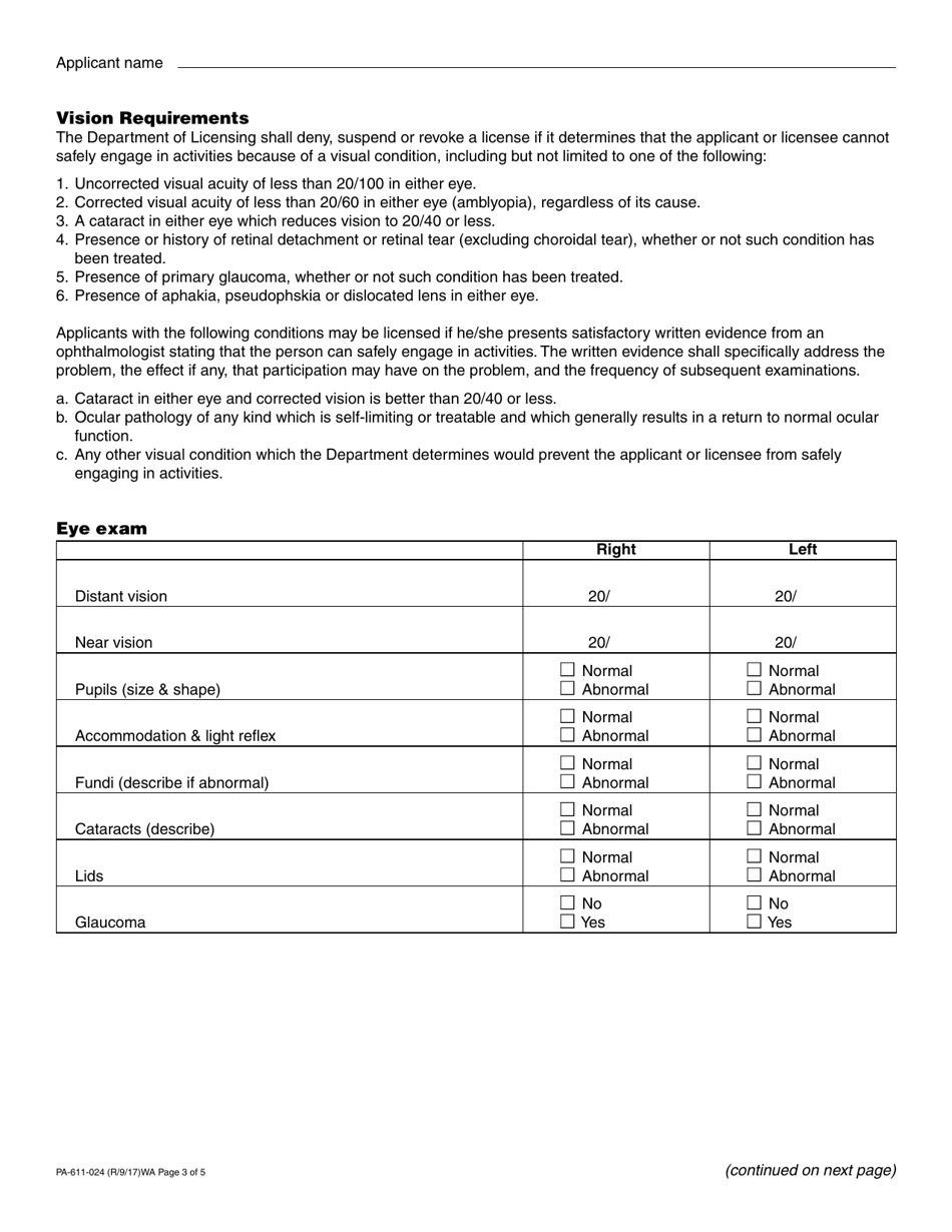 Form PA-611-024 Physical Examination for Referees, Professional Boxing, Martial Arts and Wrestling Participants - Washington, Page 3