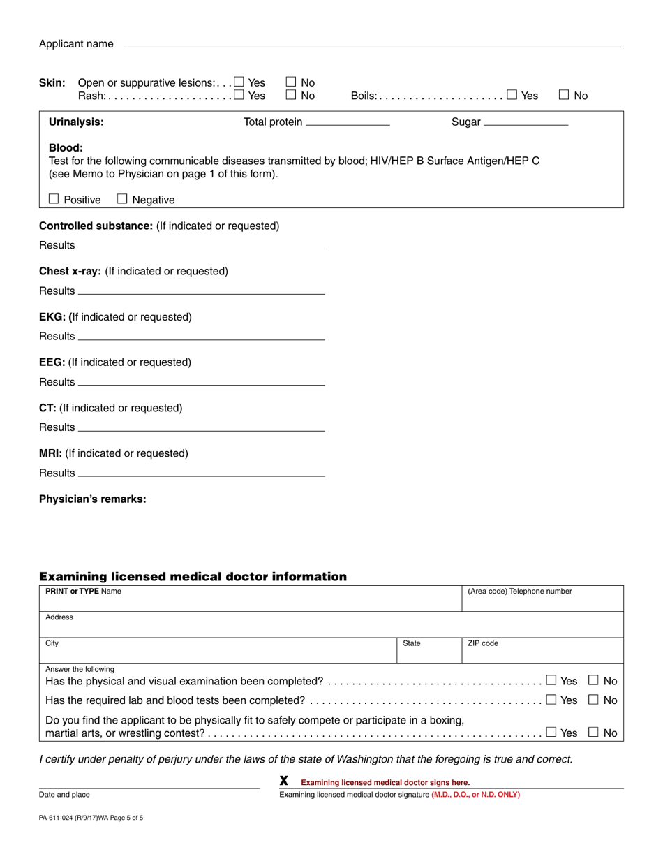 Form PA-611-024 Physical Examination for Referees, Professional Boxing, Martial Arts and Wrestling Participants - Washington, Page 5