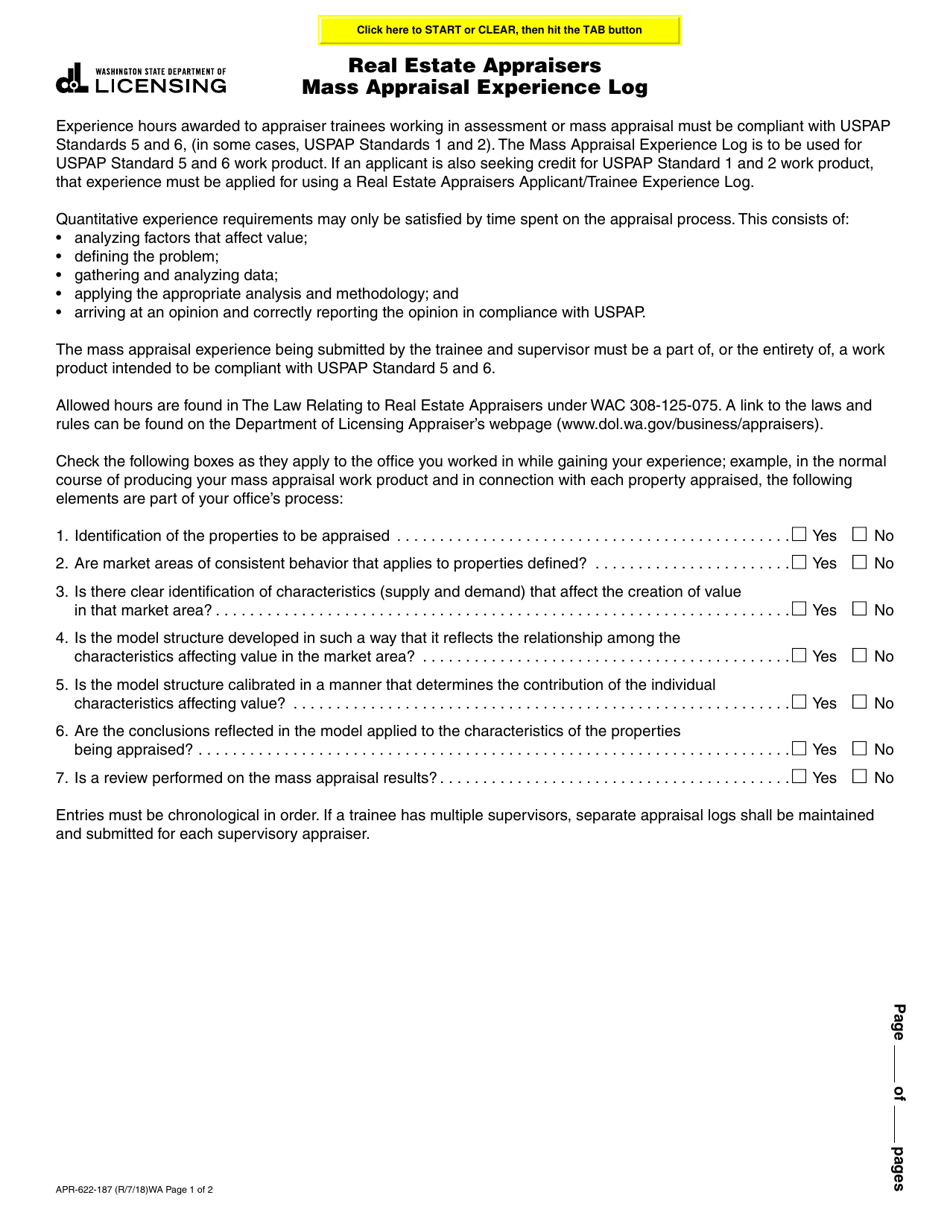 Form APR-622-187 Real Estate Appraisers Mass Appraisal Experience Log - Washington, Page 1