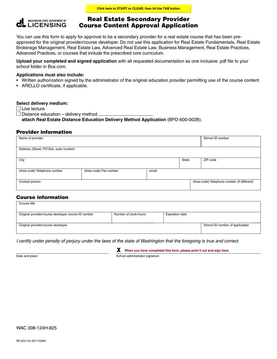 Form RE-623-124 Real Estate Secondary Provider Course Content Approval Application - Washington, Page 1