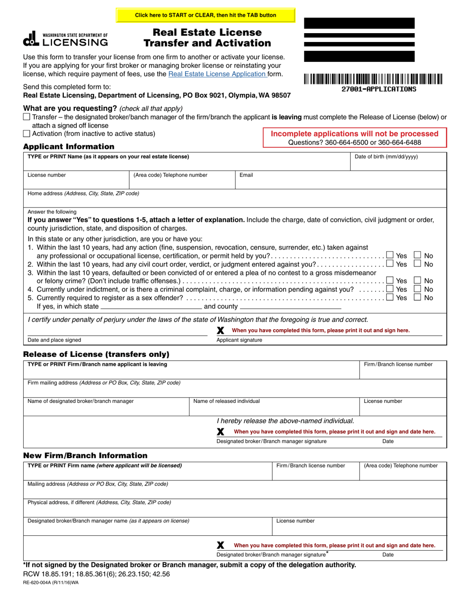 Form RE620004A Fill Out, Sign Online and Download Fillable PDF, Washington Templateroller