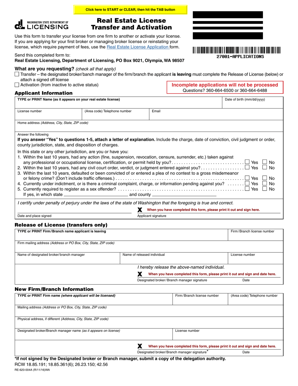 Form RE-620-004A Real Estate License Transfer and Activation - Washington, Page 1