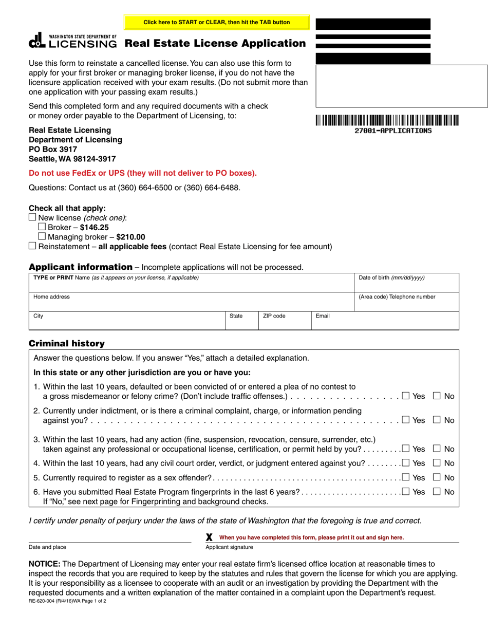 Form RE620004 Download Fillable PDF or Fill Online Real Estate