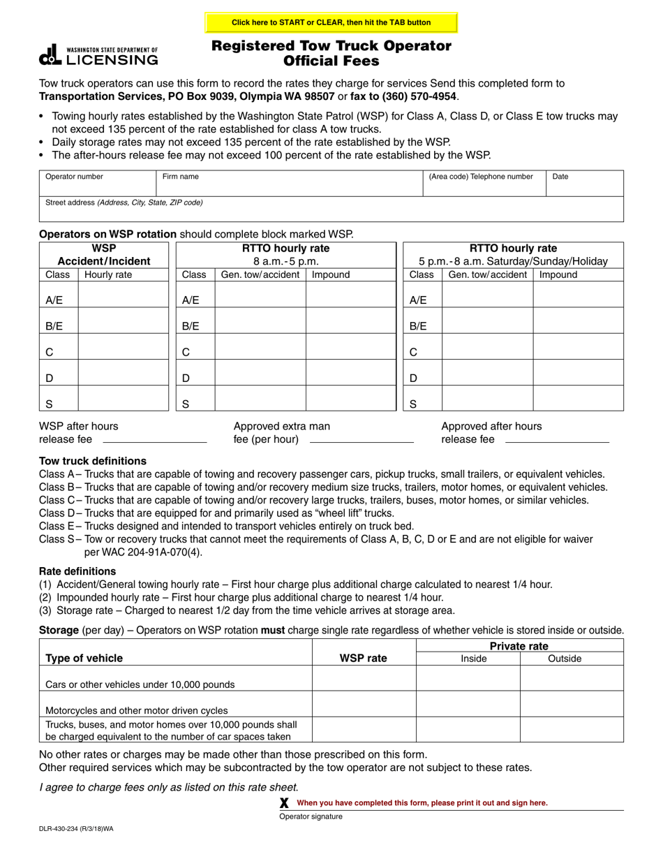 Form DLR-430-234 Registered Tow Truck Operator Official Fees - Washington, Page 1
