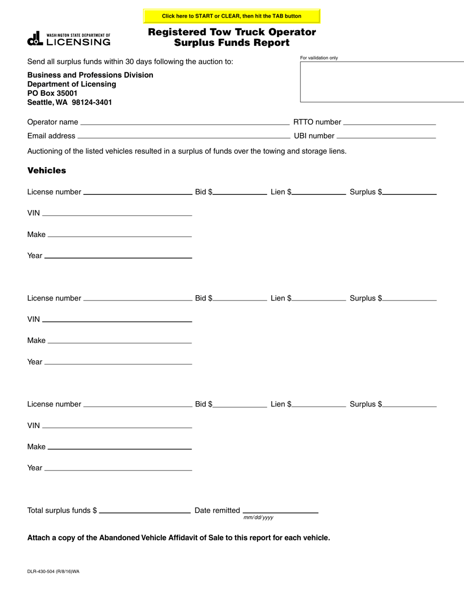 Form DLR-430-504 Registered Tow Truck Operator Surplus Funds Report - Washington, Page 1