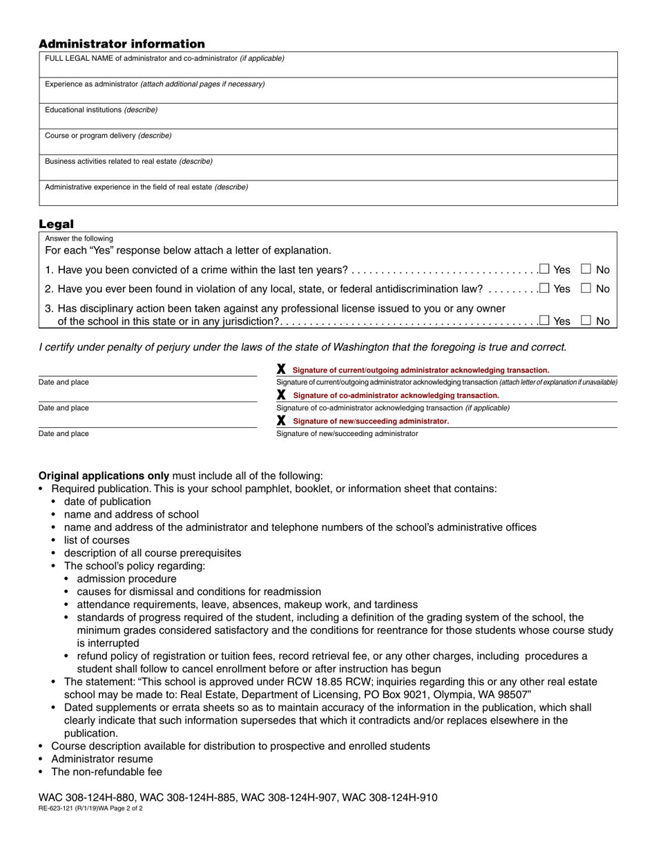 Form RE-623-121 Real Estate School Application - Washington, Page 2