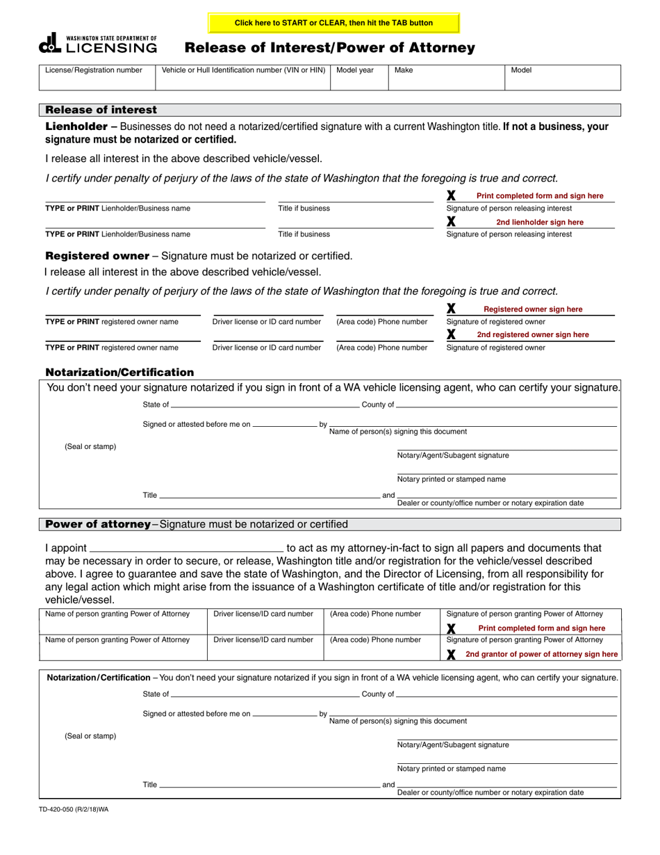 Form TD-420-050 Release of Interest / Power of Attorney - Washington, Page 1