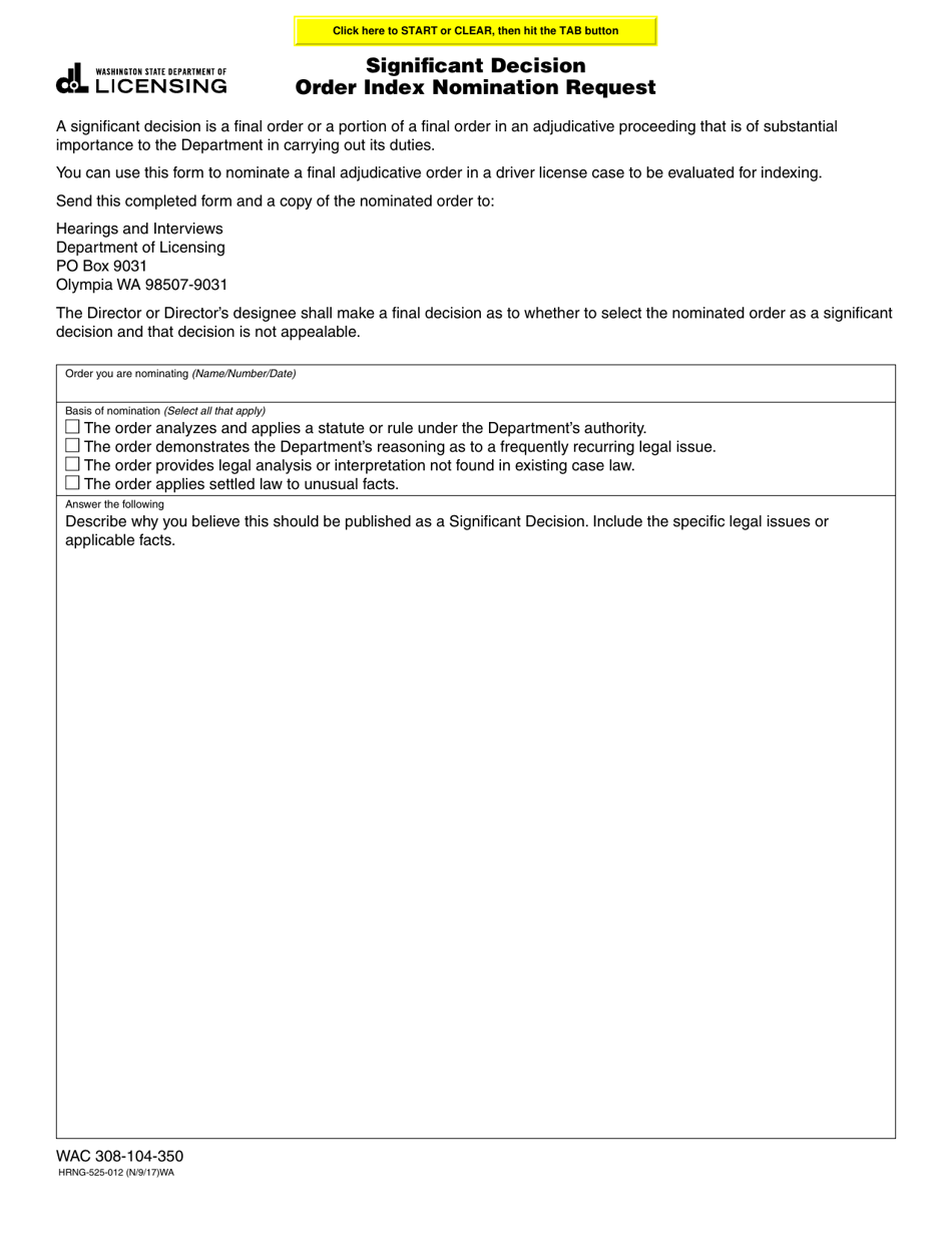 Form HRNG-525-012 Significant Decision Order Index Nomination Request - Washington, Page 1
