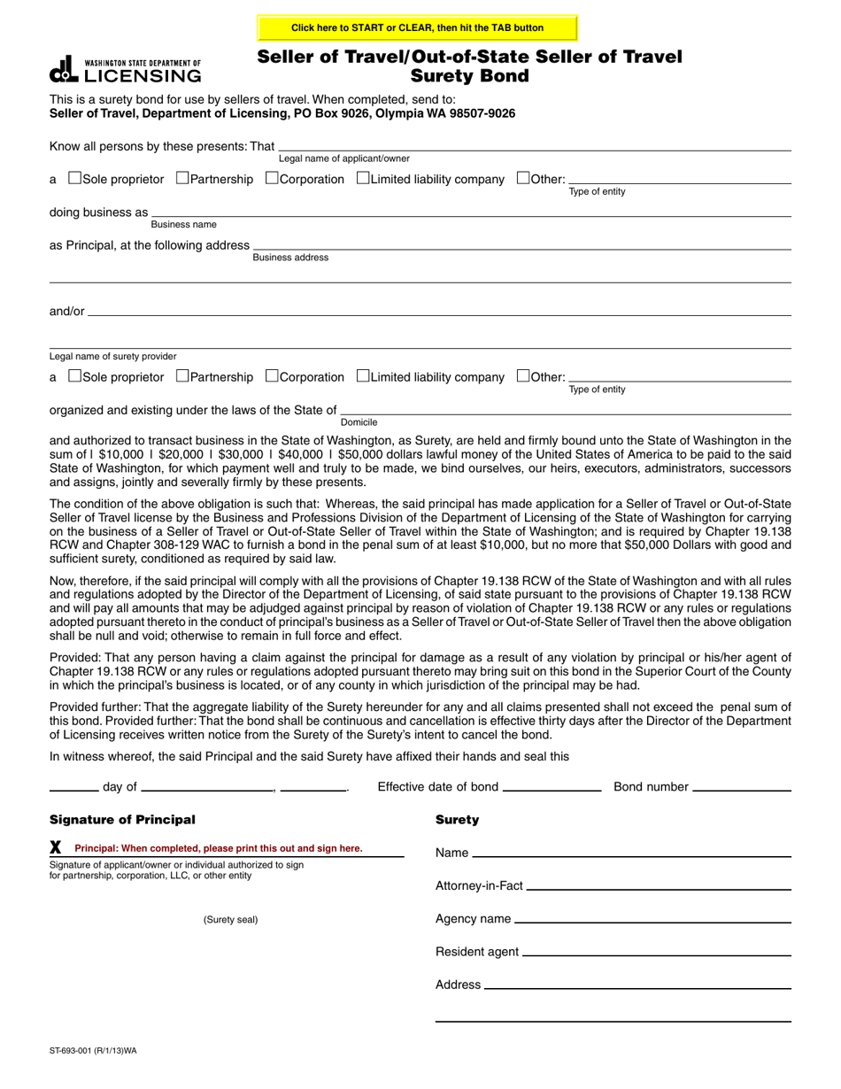 Form ST-693-001 Seller of Travel / Out-of-State Seller or Travel Surety Bond - Washington, Page 1