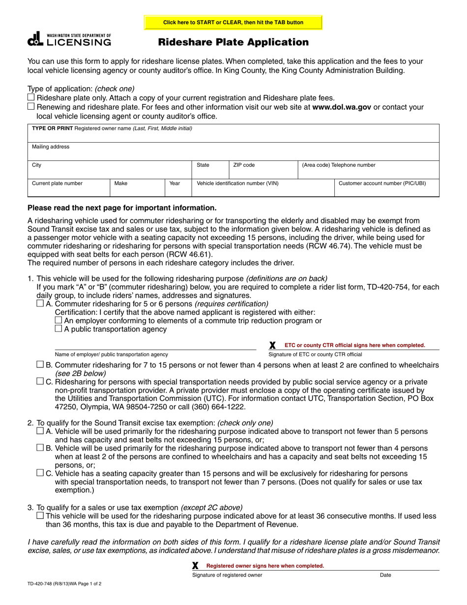 Form TD-420-748 Rideshare Plate Application - Washington, Page 1