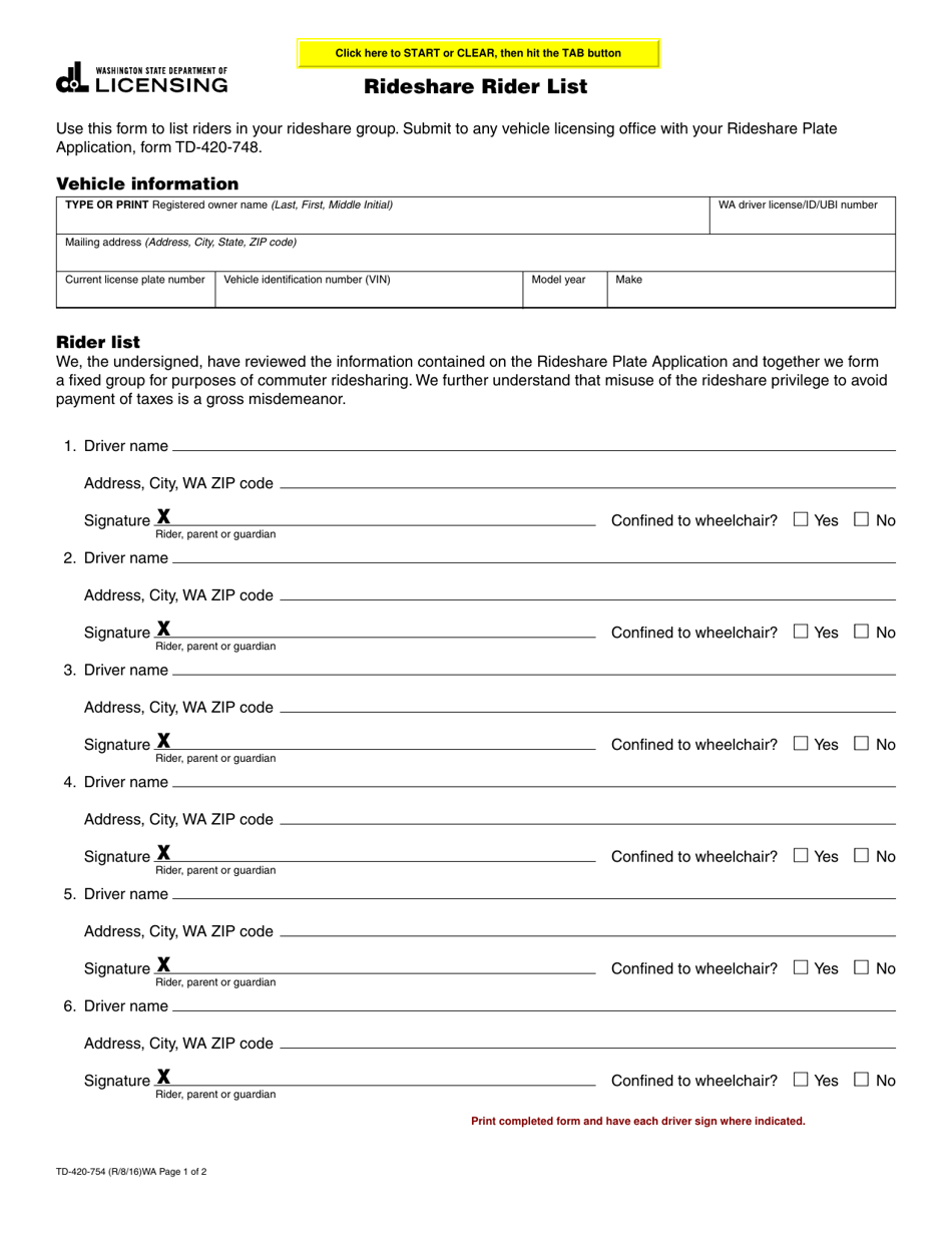 Form TD-420-754 Rideshare Rider List - Washington, Page 1