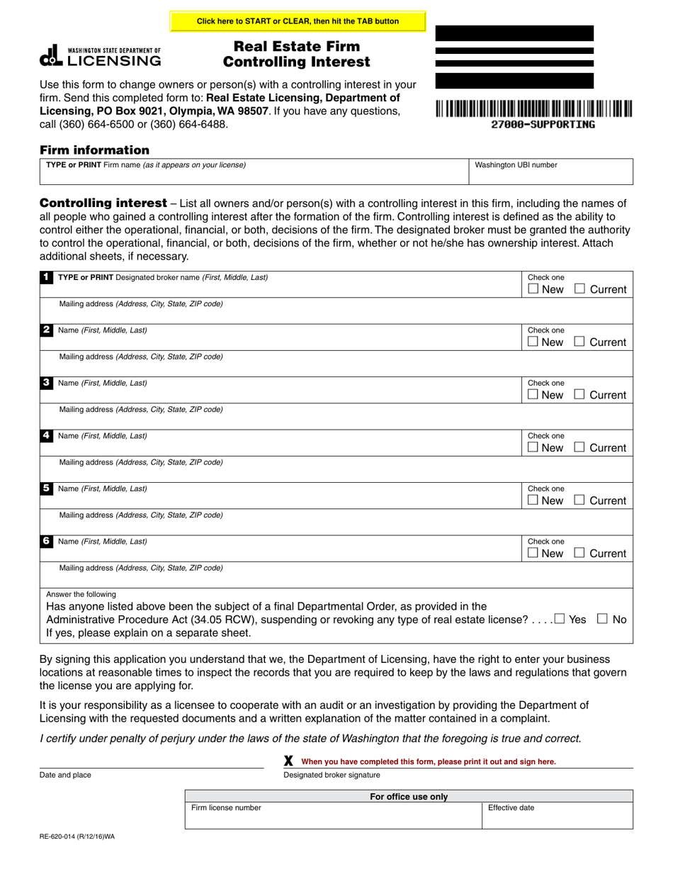 Form RE-620-014 Real Estate Firm Controlling Interest - Washington, Page 1