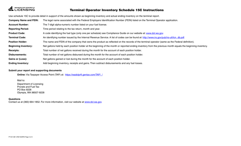 Form FT-441-861 Terminal Operator Inventory Schedule 15c - Washington, Page 2