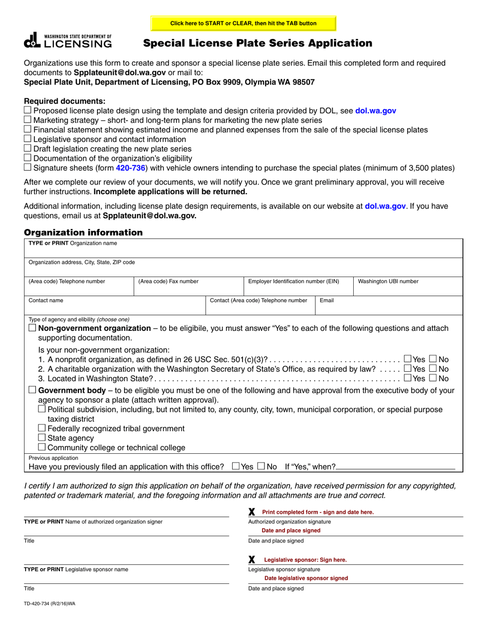 Form TD-420-734 Special License Plate Series Application - Washington, Page 1
