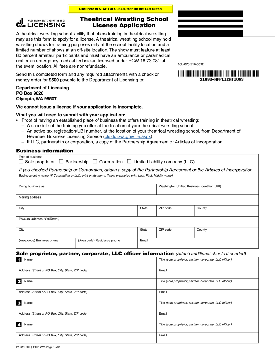 Form PA-611-002 Theatrical Wrestling School License Application - Washington, Page 1