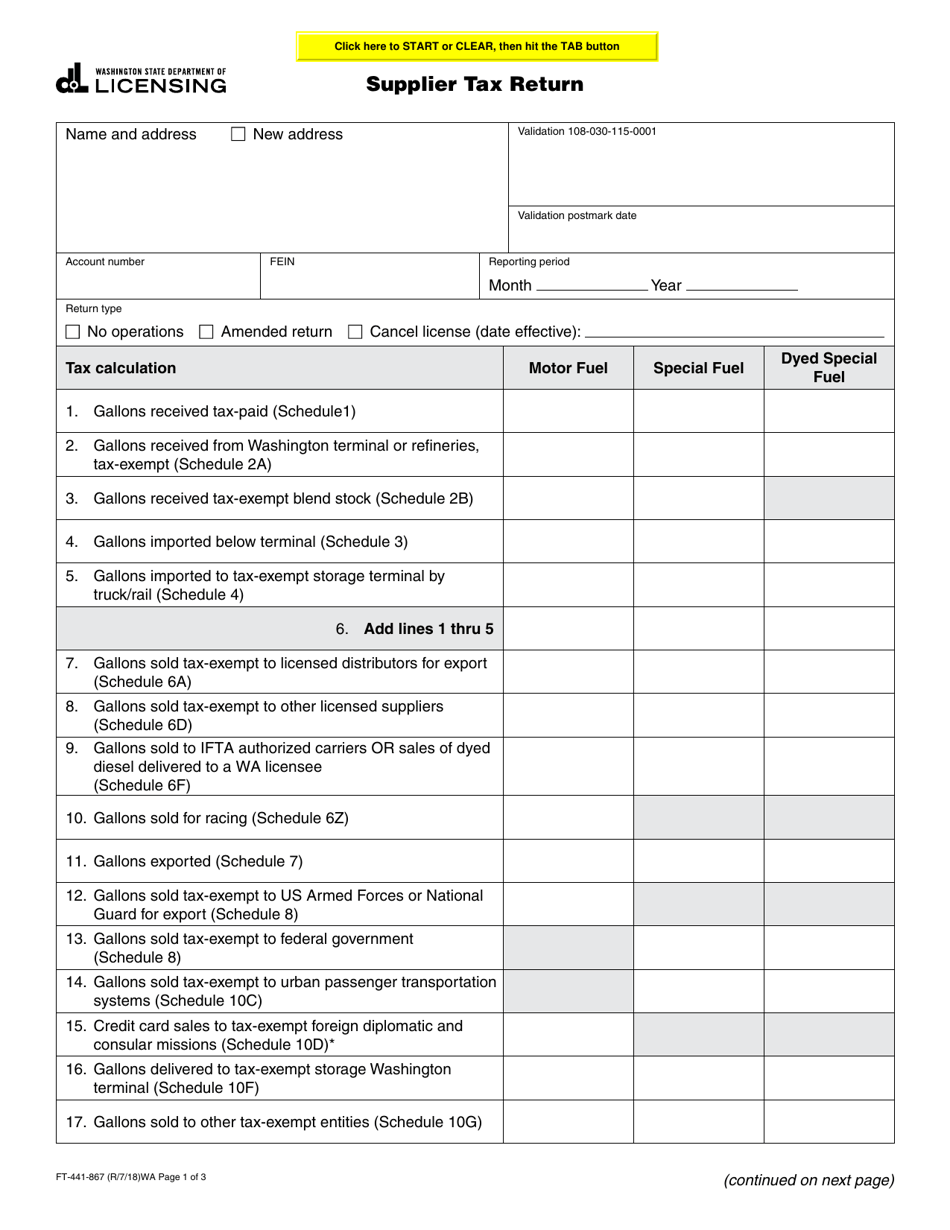 Form FT-441-867 Supplier Tax Return - Washington, Page 1