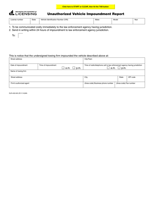 Form DLR-430-503 Unauthorized Vehicle Impoundment Report - Washington