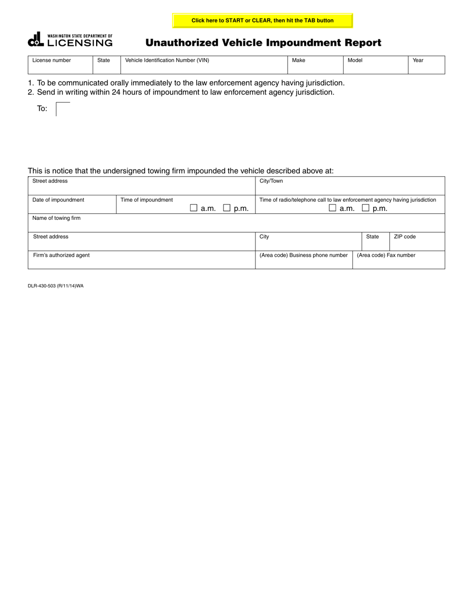 Form DLR-430-503 Unauthorized Vehicle Impoundment Report - Washington, Page 1