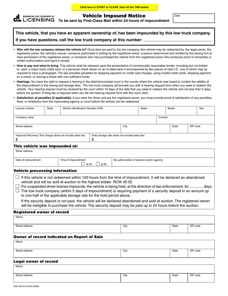 Form DLR-430-510 Vehicle Impound Notice - Washington, Page 1