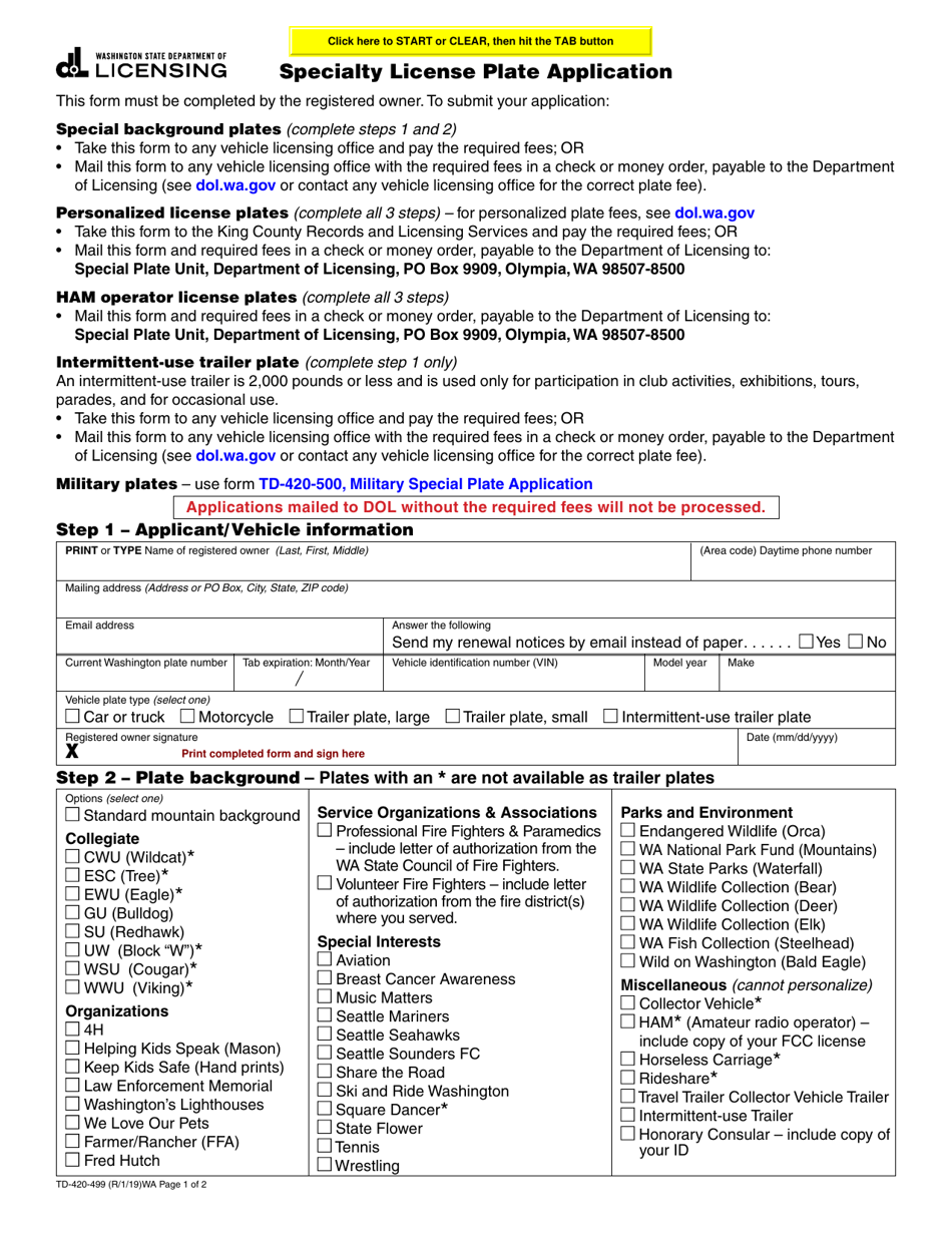 Form 420-499 Specialty License Plate Application - Washington, Page 1