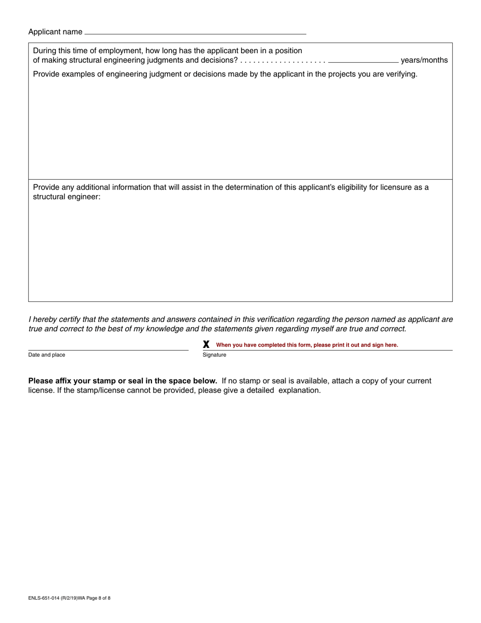 Form ENLS-651-014 Structural Engineer Registration Application - Washington, Page 8