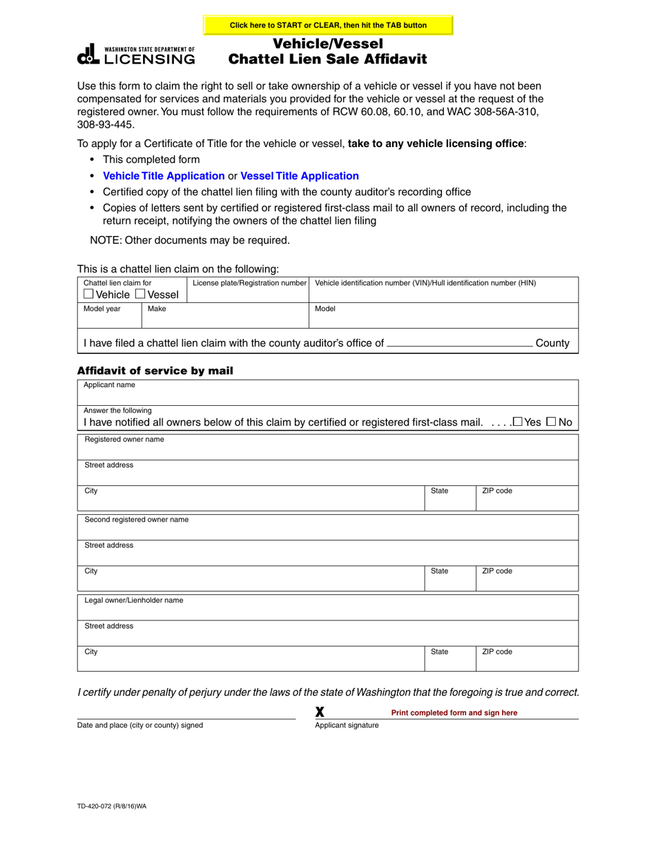 Form TD-420-072 Vehicle / Vessel Chattel Lien Sale Affidavit - Washington, Page 1