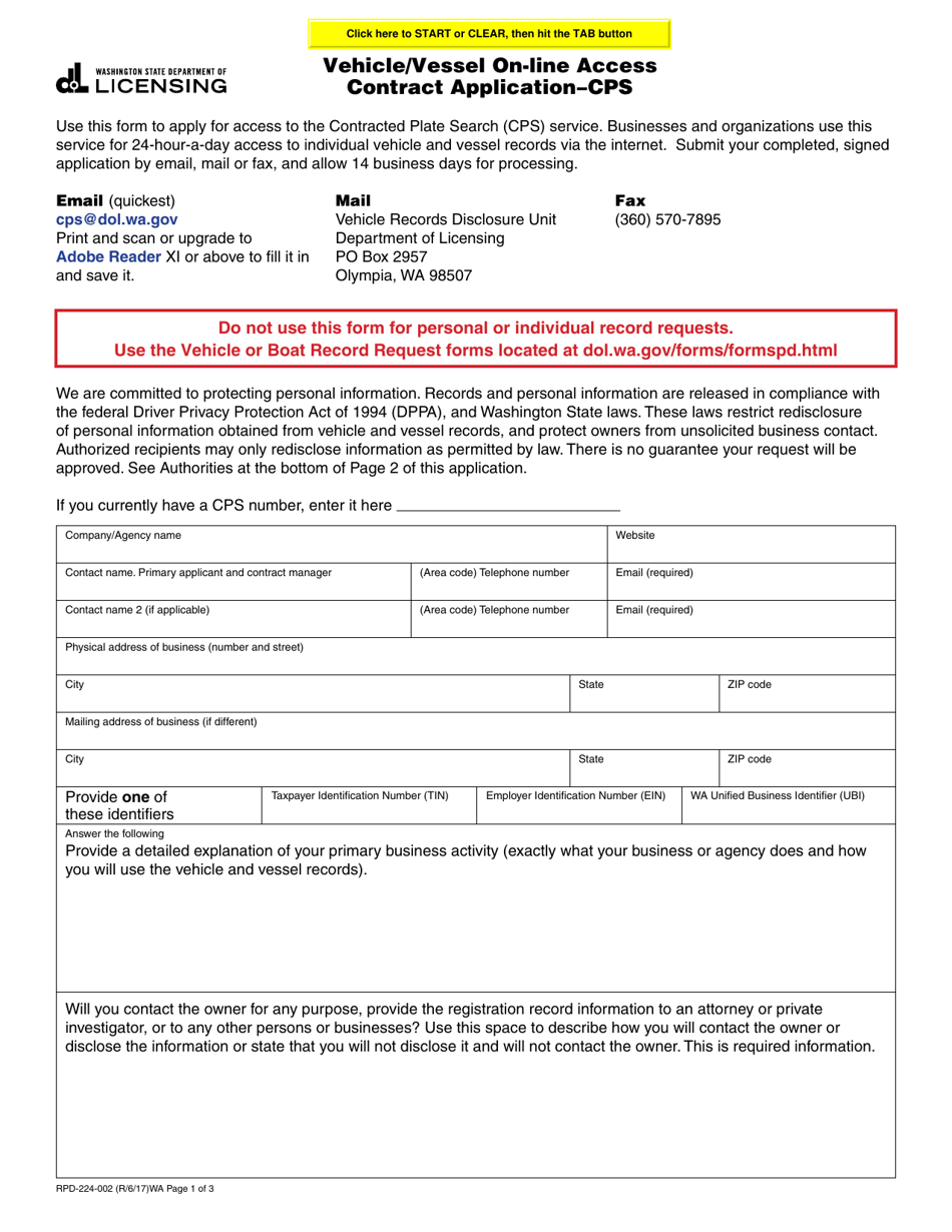 Form RPD-224-002 Vehicle / Vessel on-Line Access Contract Application - Cps - Washington, Page 1