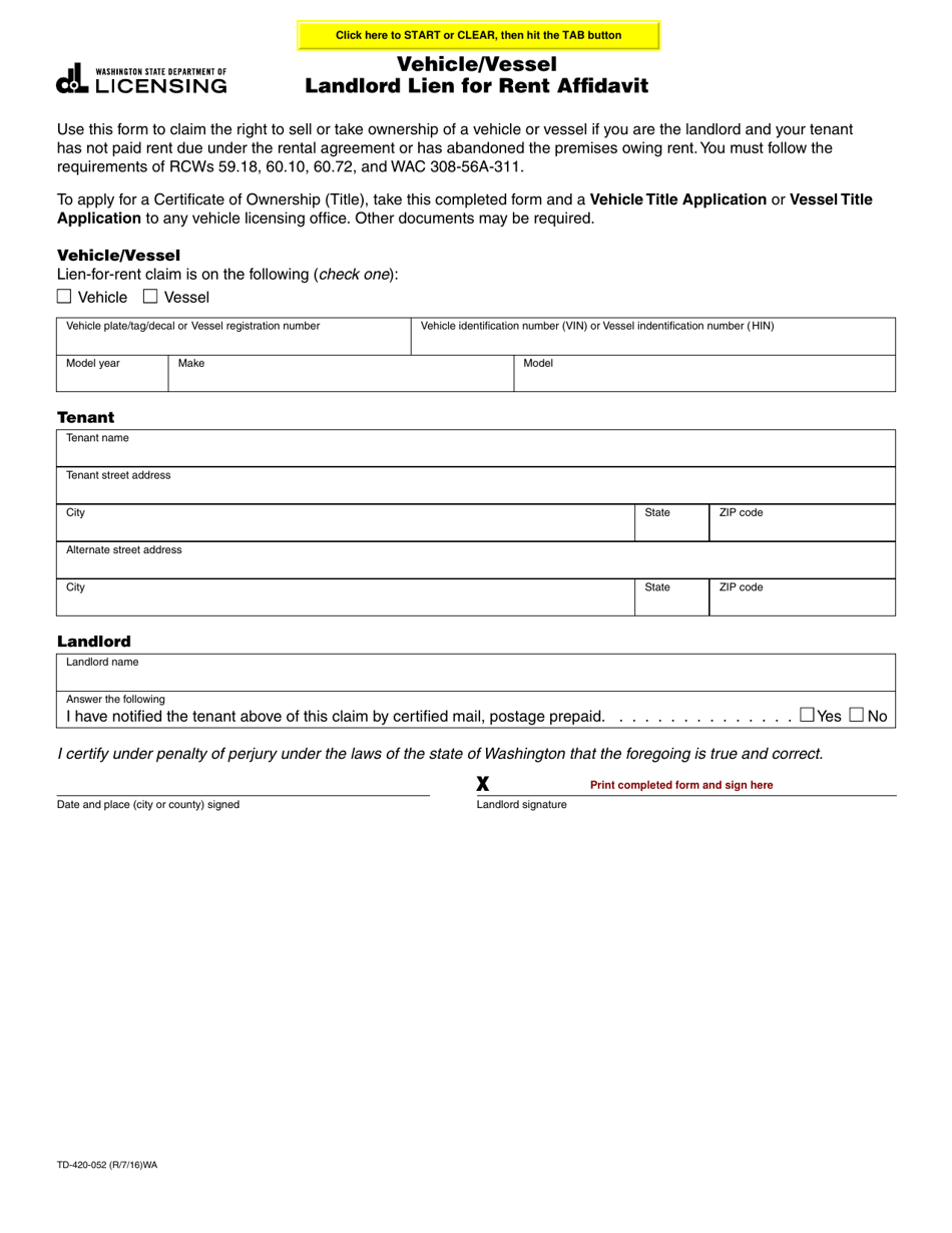 Form TD-420-052 Vehicle / Vessel Landlord Lien for Rent Affidavit - Washington, Page 1