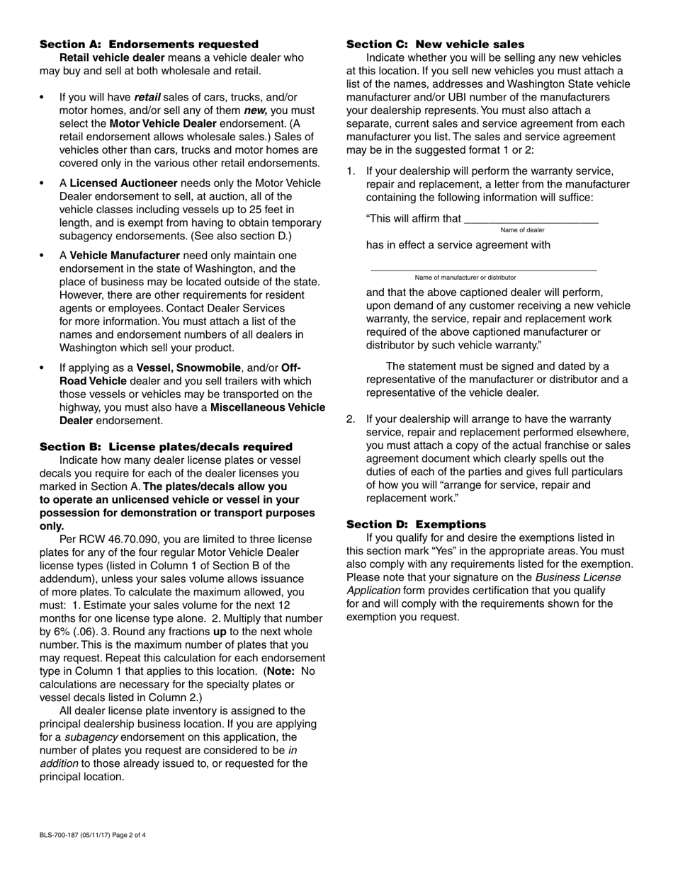 Form BLS-700-182 Vehicle Dealer / Manufacturer Addendum - Washington, Page 4