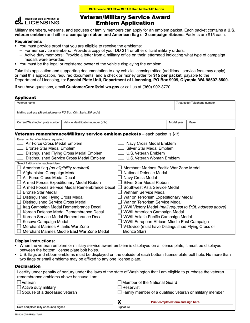 Form TD-420-075 Veteran / Military Service Award Emblem Application - Washington, Page 1